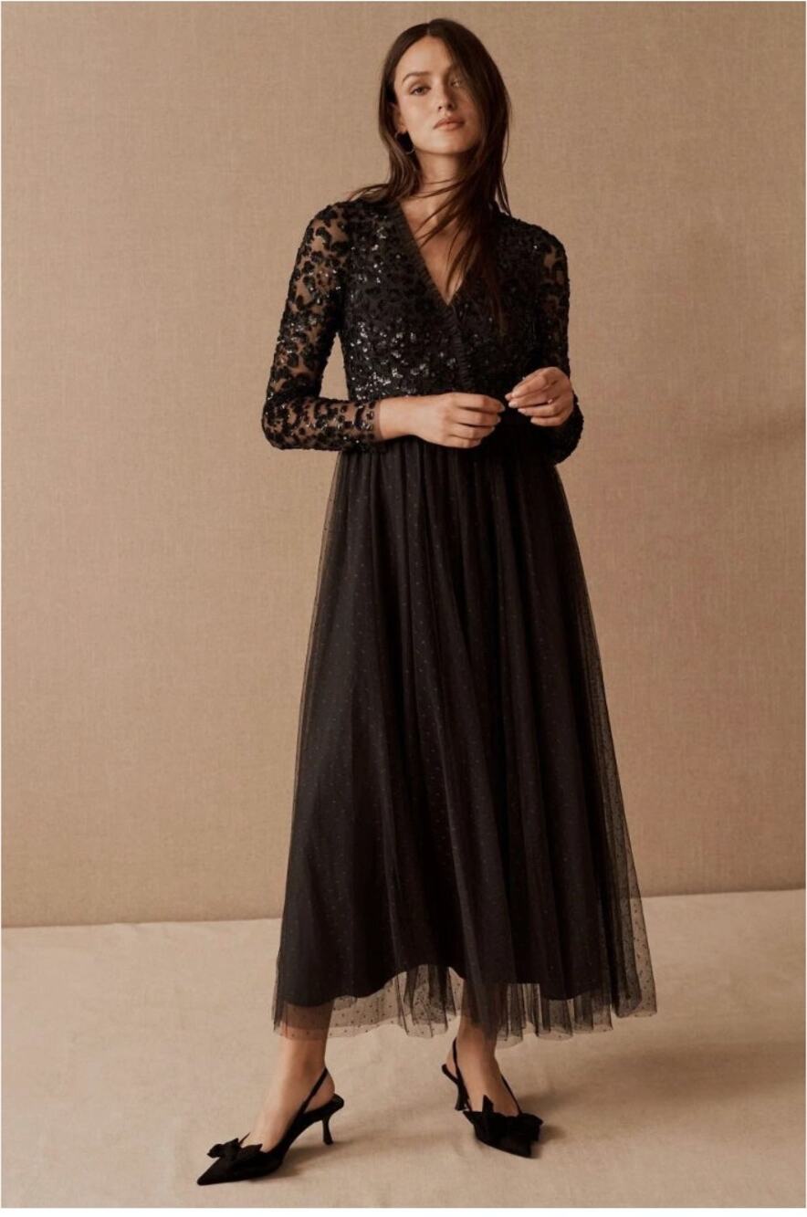 Needle & Thread Tempest Dress Sequin V-Neck Bodice Ankle Gown Black Size US 10
